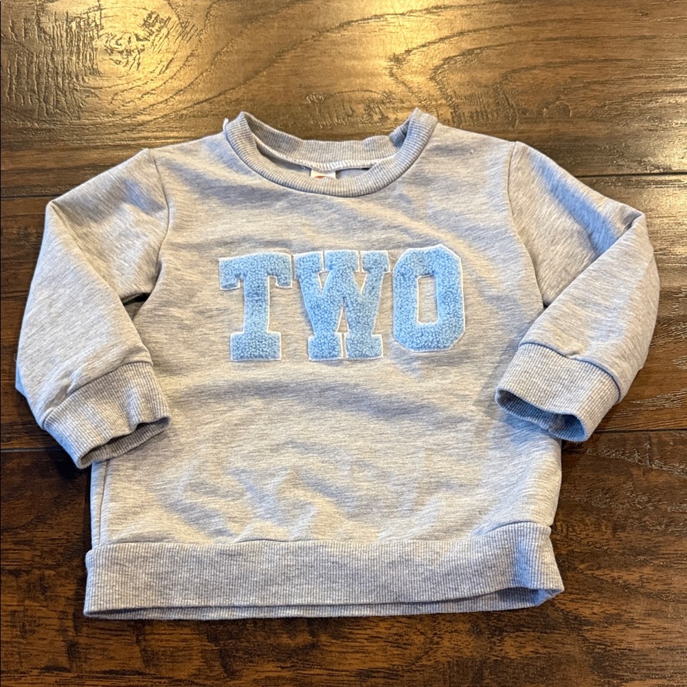Gray Kids Sweatshirt with Blue Lettering “TWO”